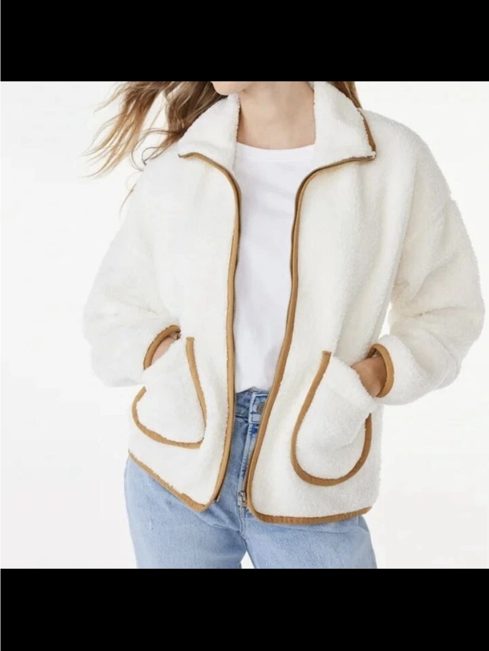 Cream Sherpa Zip Jacket with Tan Trim - Women